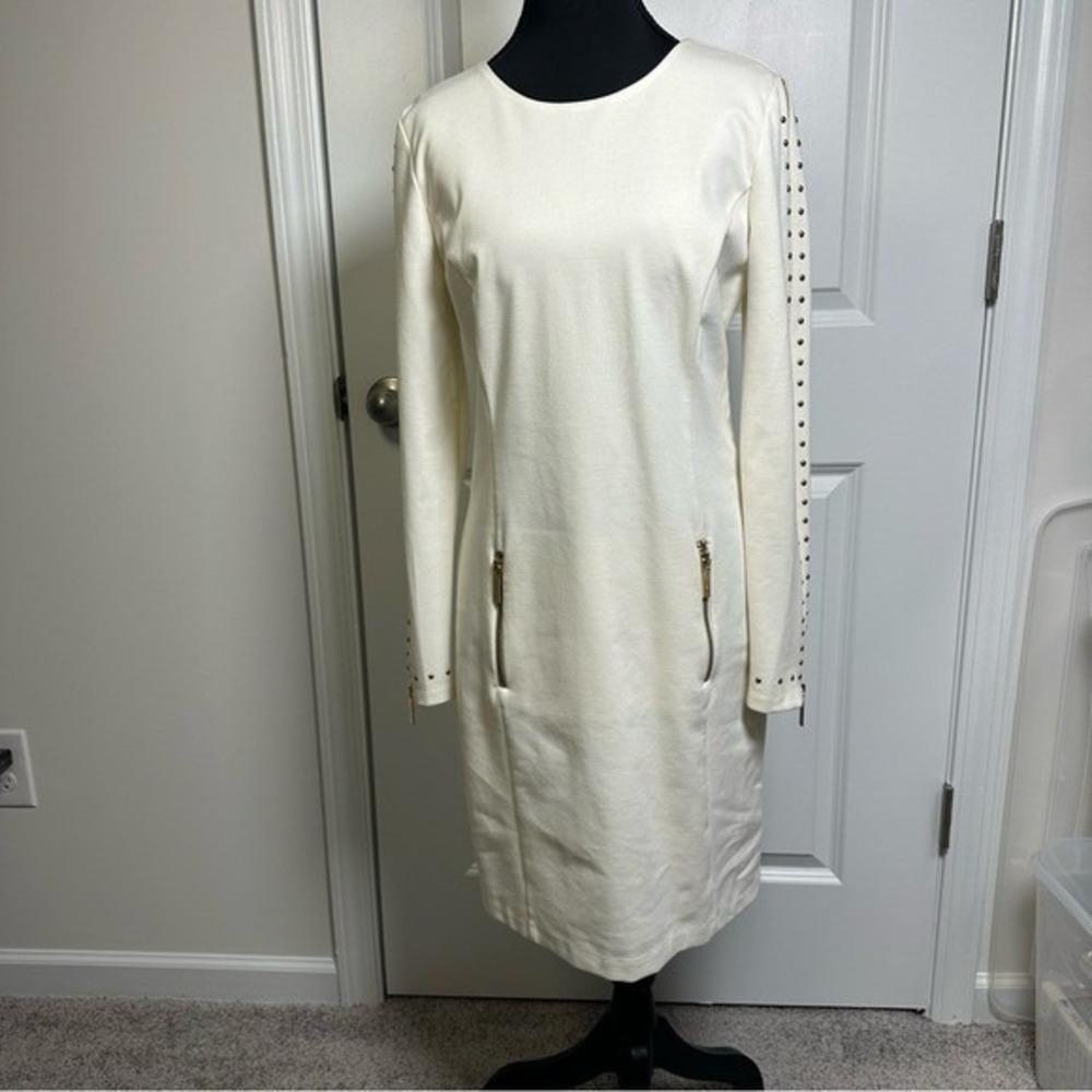 Michael‎ Kors Off White Studded Long Sleeve Zipper Sheath Dress Gold Hardware